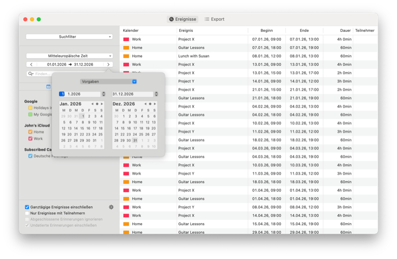 Exportiere
                        Ereignisse und Erinnerungen in diverse Formate wie Excel und CSV oder direkt in die
                        Zwischenablage. Greife auf spezielle Felder wie die Ereignissdauer zu -- nützlich zum
                        Abrechnen von Projekten!