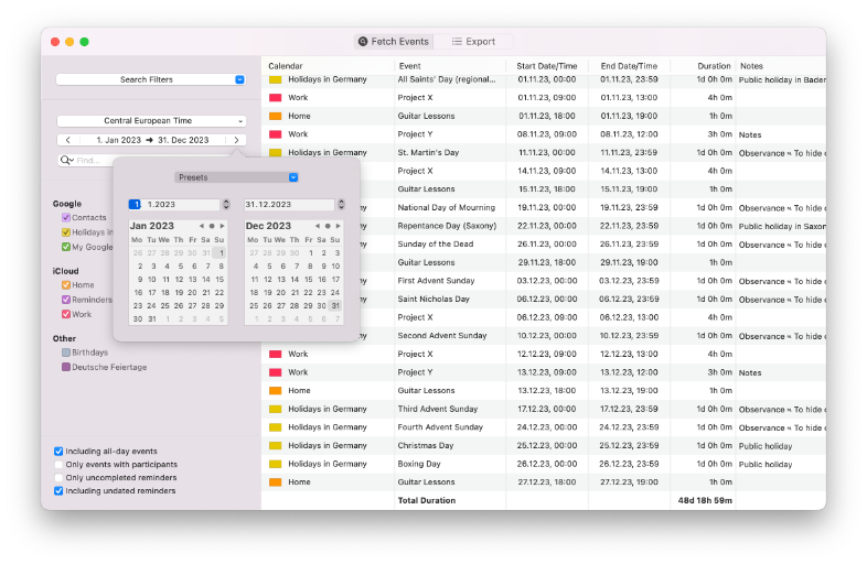 Export Mac
                        calendar events and reminders to Excel, CSV or directly to the clipboard. Access special fields
                        like an event's duration, which is great for determining your billable hours.