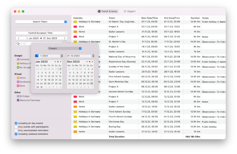 Exportiere
                        Ereignisse und Erinnerungen in diverse Formate wie Excel und CSV oder direkt in die
                        Zwischenablage. Greife auf spezielle Felder wie die Ereignissdauer zu -- nützlich zum
                        Abrechnen von Projekten!