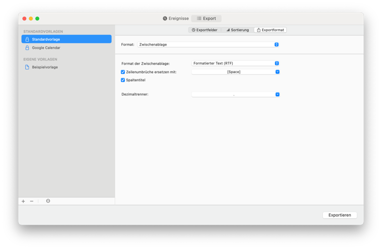 Exportiere
                        direkt in die Zwischenablage, um deine Daten einfach in eine Spreadsheet App einzufügen.