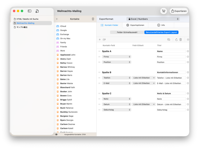 Der Custom Export Layout Editor geht ins Detail. Hier kannst du genauer festlegen, welche Felder exportiert werden sollen.