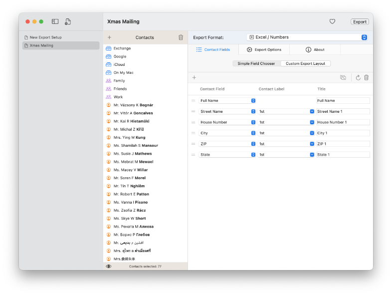 Der Custom Export Layout Editor geht ins Detail. Hier kannst du genauer festlegen, welche Felder exportiert werden sollen.