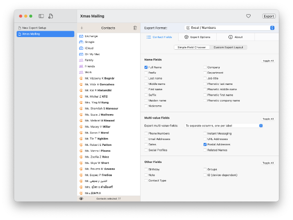 Export Mac contacts to CSV, Excel / Numbers, Outlook (Mac OLM / Win-CSV), Google Contacts, + more