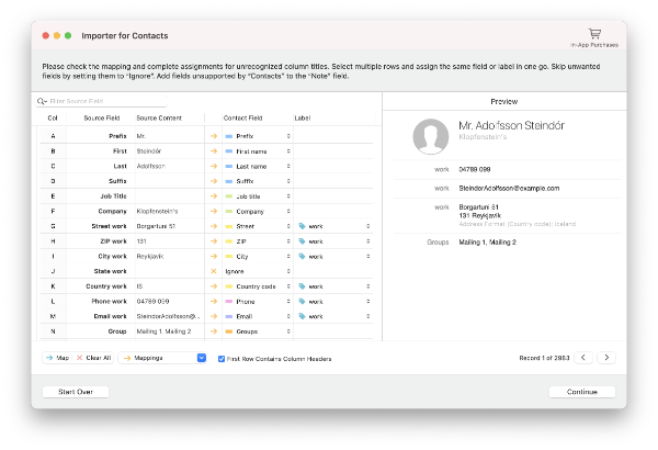 Convert Excel and CSV files to vCards with much more options than Apple Contacts does offer.
