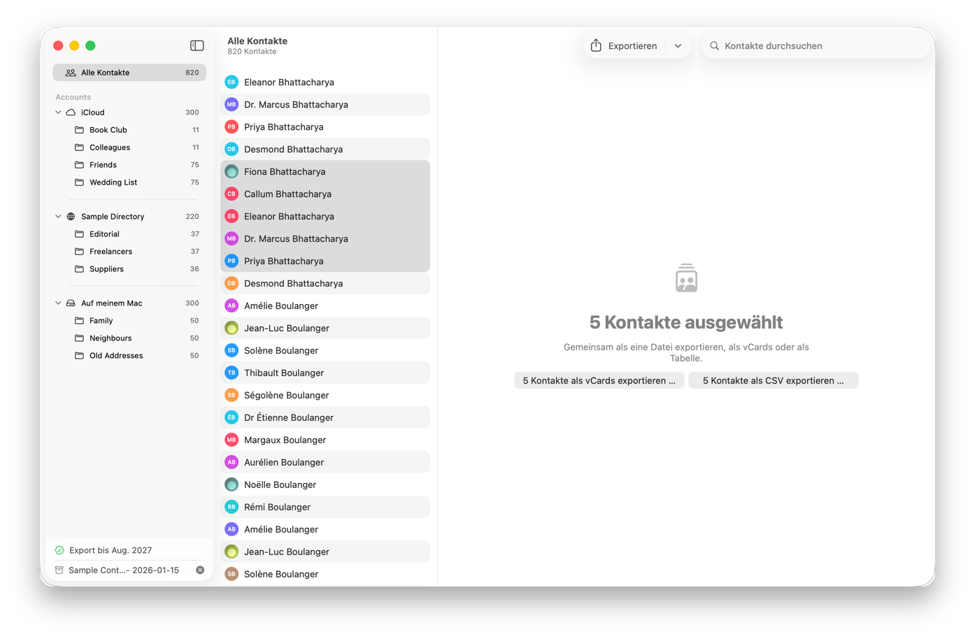 ABBU Restore: mehrere Kontakte ausgewählt, bereit zum Export als vCard oder CSV