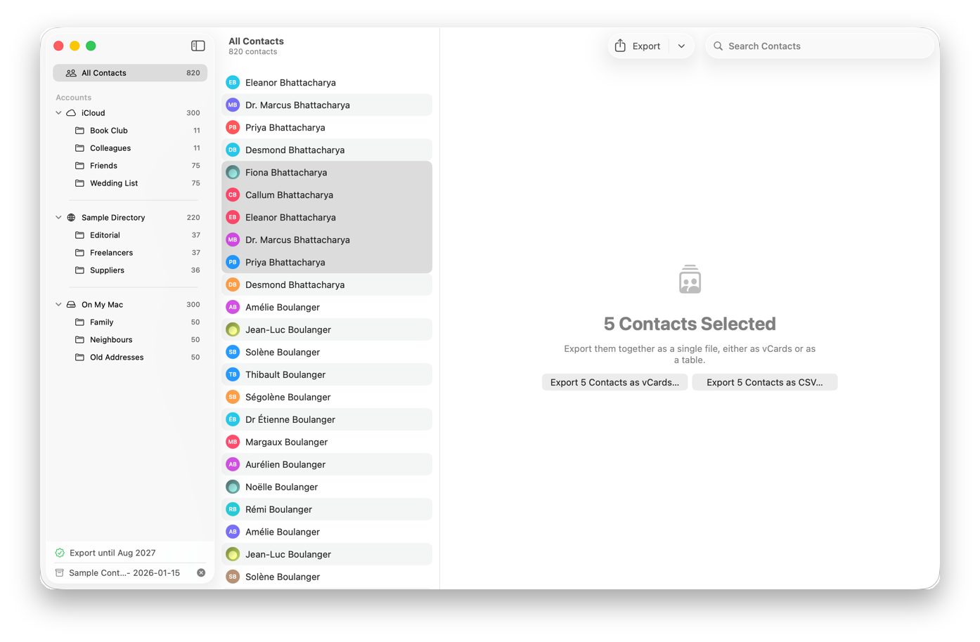 ABBU Restore: several contacts selected, ready to export as vCard or CSV