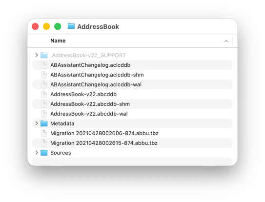 An AddressBook folder in the Finder: the form in which Contacts keeps its data on disk