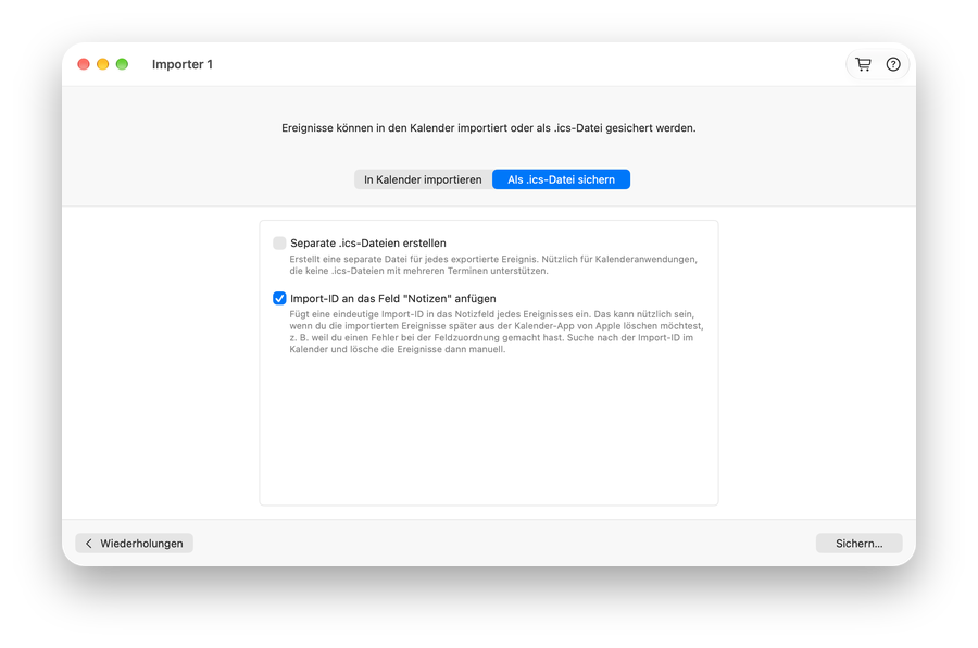 Importer for Calendar für Mac: Oder erzeuge eine .ics-Datei für den Import in andere Kalender-Apps