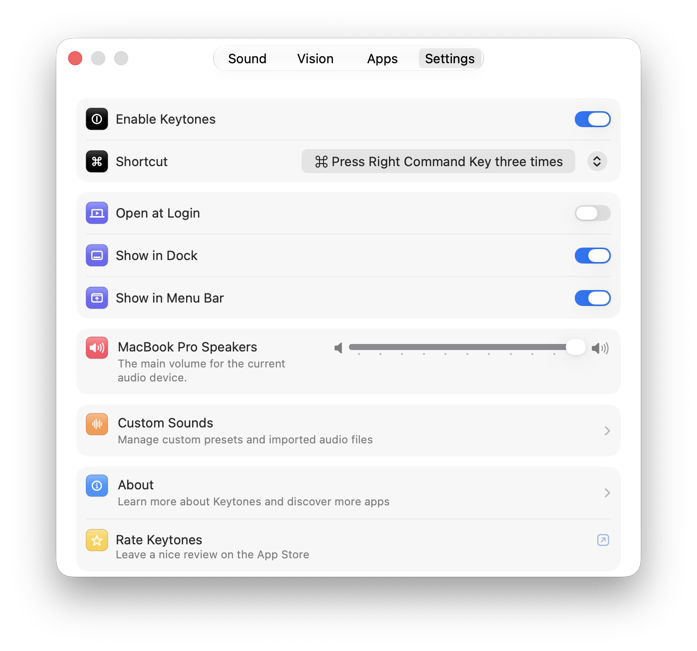 Keytones — settings