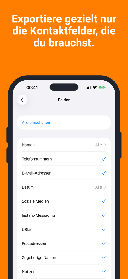 Exportiere gezielt nur die Kontaktfelder, die du brauchst.