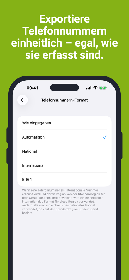 Exportiere Telefonnummern einheitlich – egal, wie sie erfasst sind.