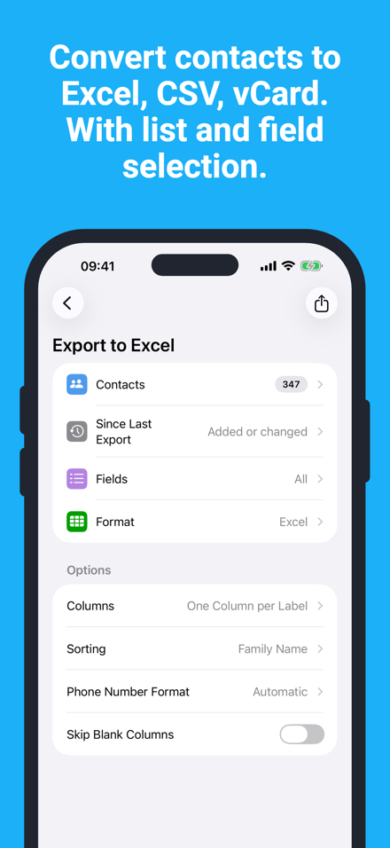Convert contacts to Excel, CSV, vCard. With list and field selection.