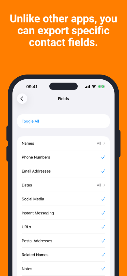 Unlike other apps, you can export specific contact fields.
