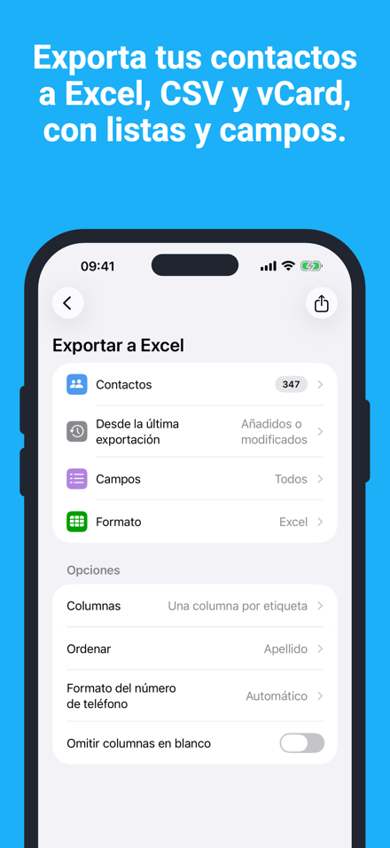 Exporta tus contactos a Excel, CSV y vCard, con listas y campos.