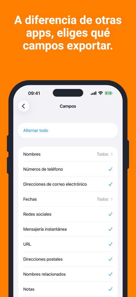 A diferencia de otras apps, eliges qué campos exportar.