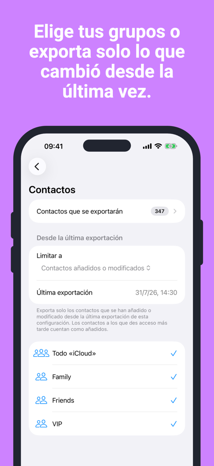 Elige tus grupos o exporta solo lo que cambió desde la última vez.