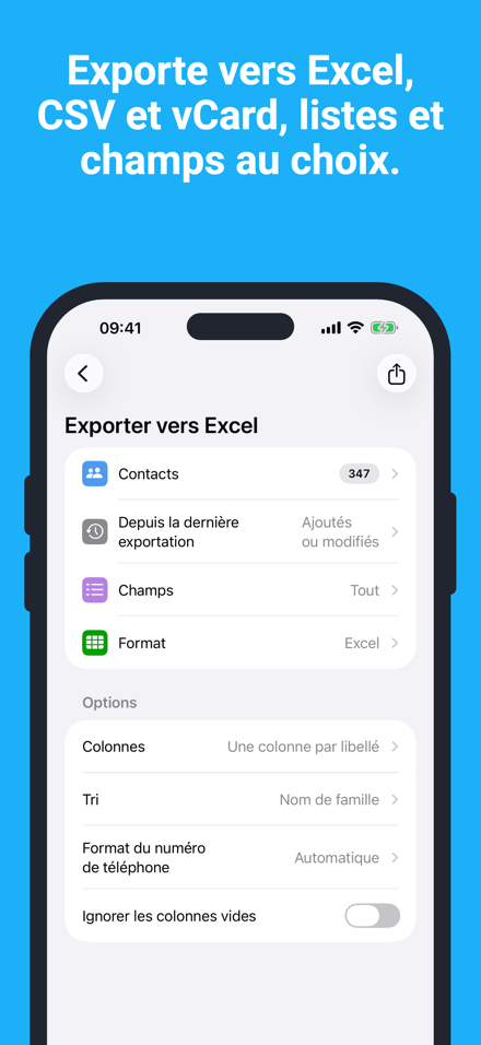 Exporte vers Excel, CSV et vCard, listes et champs au choix.