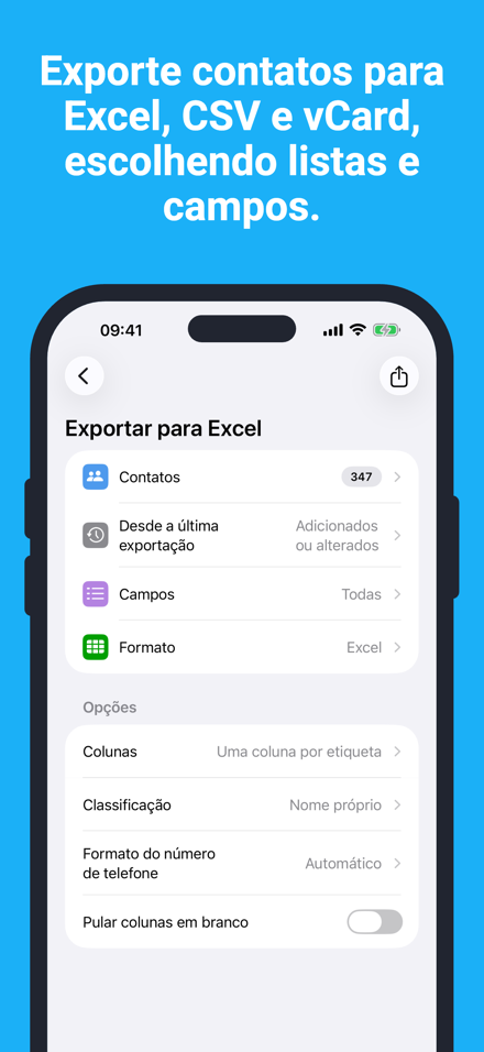 Exporte contatos para Excel, CSV e vCard, escolhendo listas e campos.