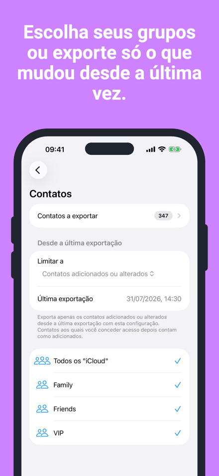 Escolha seus grupos ou exporte só o que mudou desde a última vez.